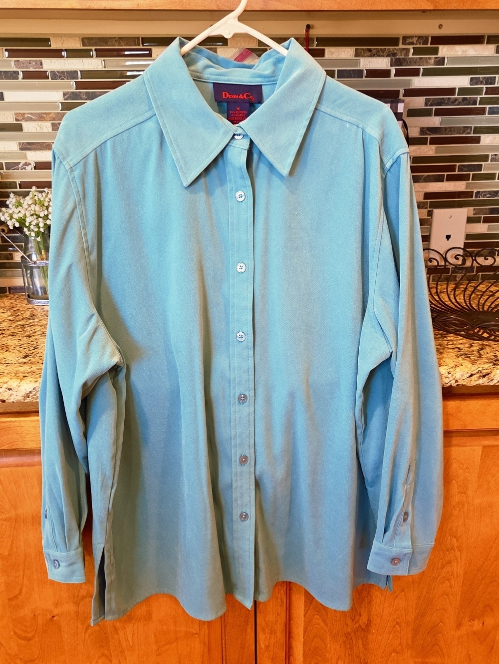 Denim & Co. Teal Long Sleeve Button Down Shirt Blouse Plus Size 1X Stretch